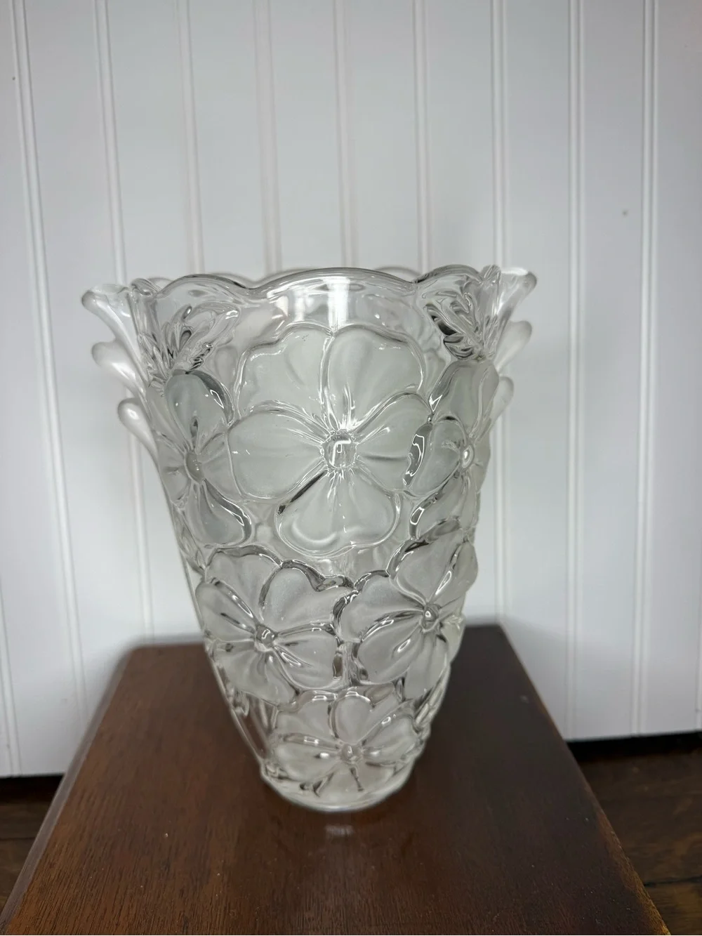 9.5” Studio Nova Frosted Pansy Bouquet Frosted Clear Glass Vase Winged Handles